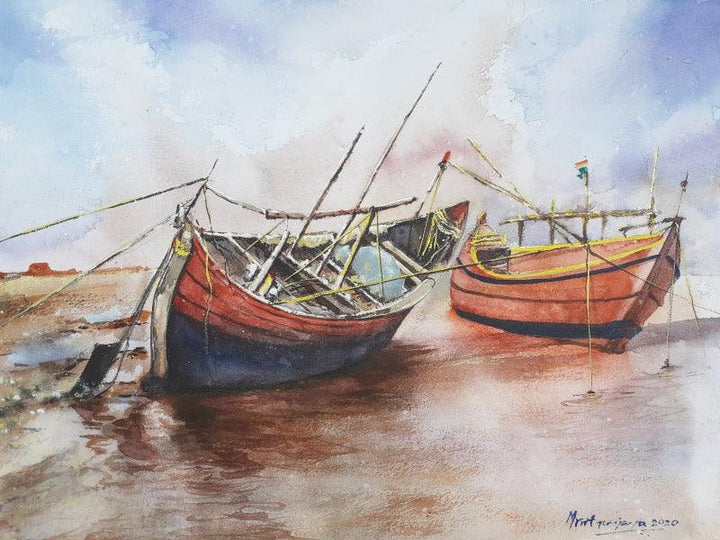 Landscape watercolor painting titled 'Boats at rest', 16x12 inches, by artist Mrutyunjaya Dash on Paper