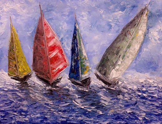 Seascape oil painting titled 'Boats On A Rough Sea', 15x11 inches, by artist Kiran Bableshwar on Canvas