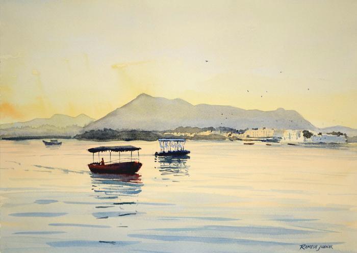 Seascape watercolor painting titled 'Boats On Lake Pichola', 10x14 inches, by artist Ramesh Jhawar on Paper