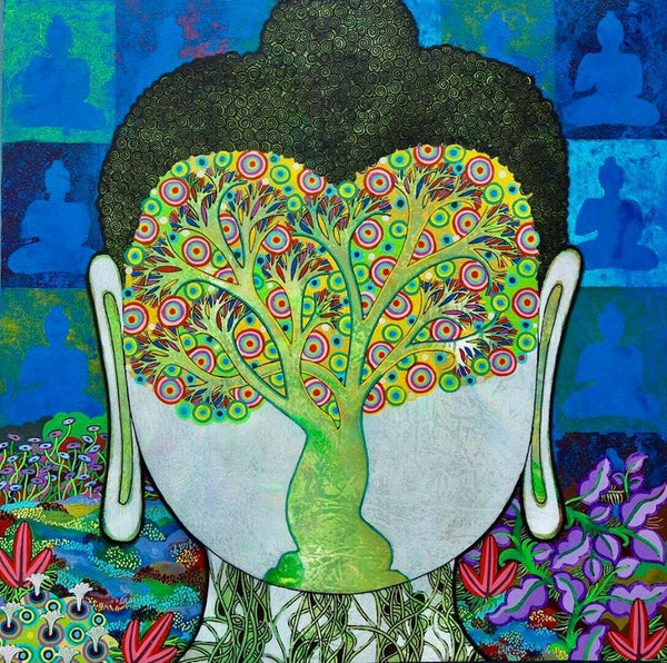 Religious mixed media painting titled 'Bodhi Tree', 24x24 inches, by artist Chandra Morkonda on Canvas