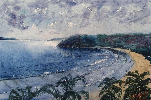 Landscape watercolor painting titled 'Bogmalo Beach', 11x8 inches, by artist Bhuwan Mahato on Paper