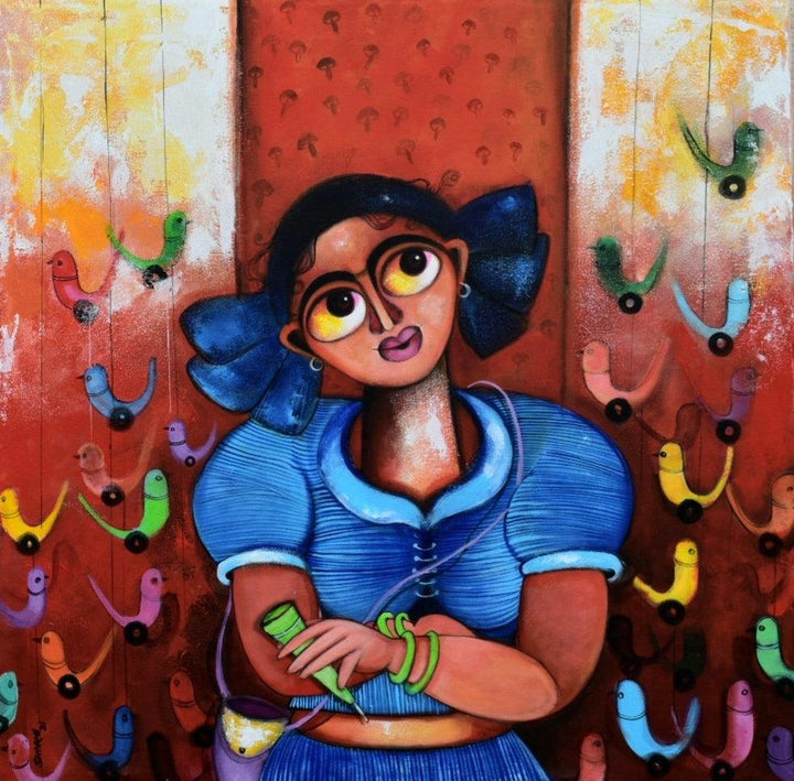 Figurative acrylic painting titled 'Boho Girl', 30x30 inches, by artist Sharmi Dey on Canvas