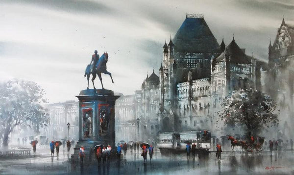 Cityscape acrylic painting titled 'Bombay Fort (Kala Ghoda)', 36x60 inches, by artist Ashif Hossain on Canvas