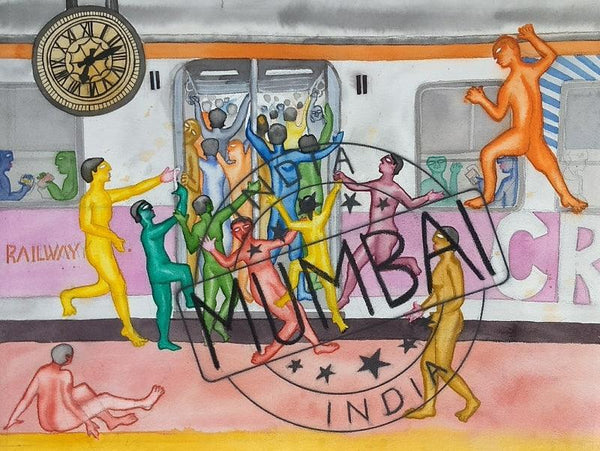 contemporary watercolor painting titled 'Bombay Life', 20x27 inches, by artist Laxman Ahire on Paper