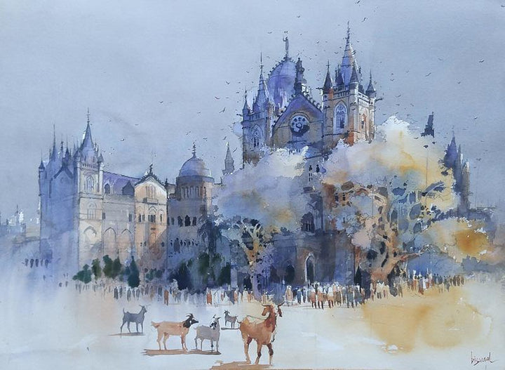 Cityscape watercolor painting titled 'Bombay Village I', 22x29 inches, by artist Bijay Biswaal on Paper