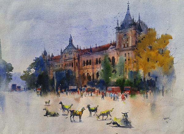 Cityscape watercolor painting titled 'Bombay Village II', 22x29 inches, by artist Bijay Biswaal on Handmade Paper