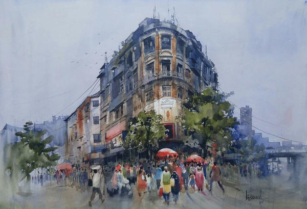 Cityscape watercolor painting titled 'Bombay Village III', 22x29 inches, by artist Bijay Biswaal on Paper