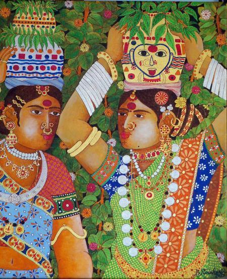 Figurative acrylic painting titled 'Bonalu', 18x24 inches, by artist Bhawandla Narahari on Canvas