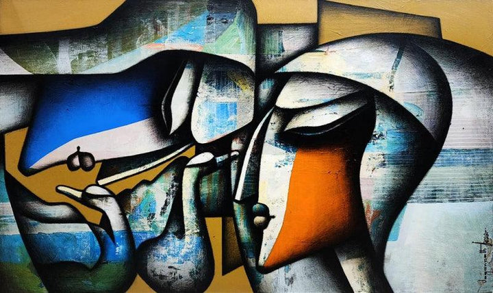 Figurative acrylic charcoal painting titled 'Bond Of Love Series 1', 30x60 inches, by artist Jagannath Paul on Canvas