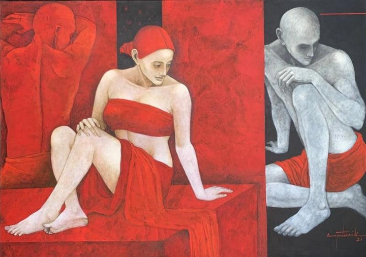 Figurative acrylic oil painting titled 'Bond Of Love 2', 60x84 inches, by artist Asit Kumar Patnaik on Canvas