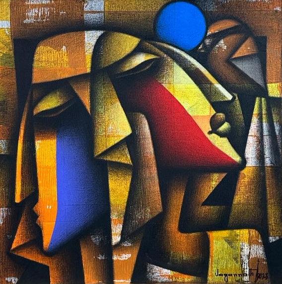 Figurative acrylic charcoal painting titled 'Bond Of Love 8', 24x24 inches, by artist Jagannath Paul on Canvas