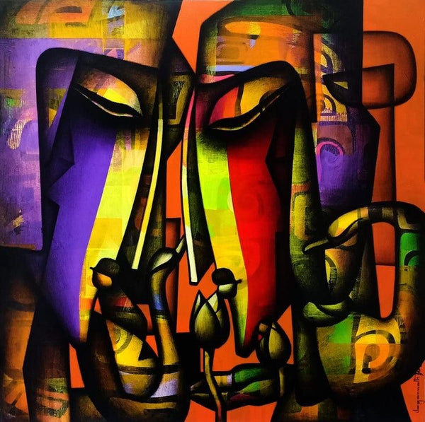 Figurative acrylic charcoal painting titled 'Bond Of Love Series 1', 48x48 inches, by artist Jagannath Paul on Canvas