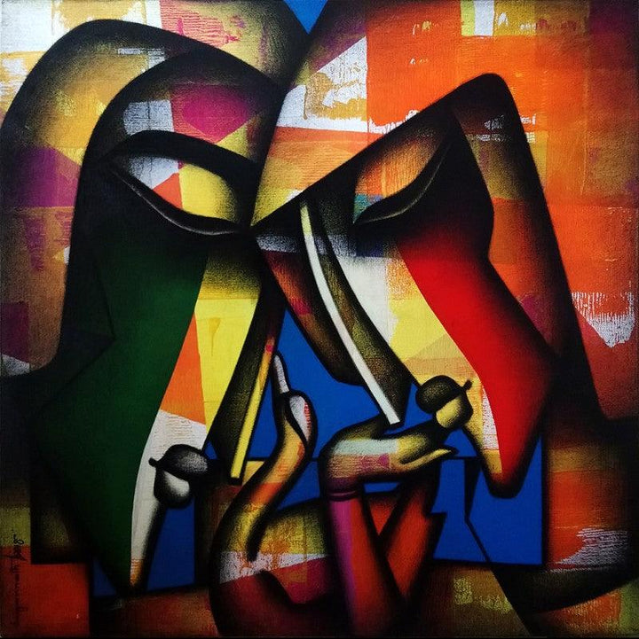 Figurative mixed media painting titled 'Bond Of Love Series', 36x36 inches, by artist Jagannath Paul on Canvas