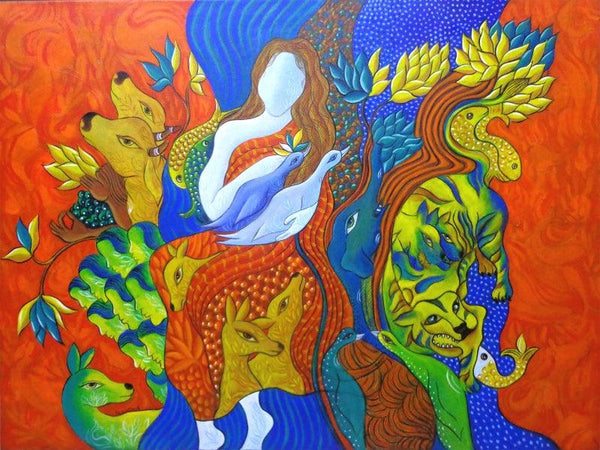 contemporary acrylic painting titled 'Bonding with Nature', 36x48 inches, by artist Hariom Kuthwaria on Canvas