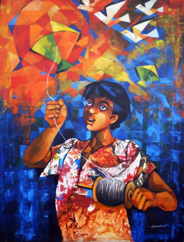 Figurative acrylic painting titled 'Born To Play', 30x42 inches, by artist Pradip Goswami on Canvas