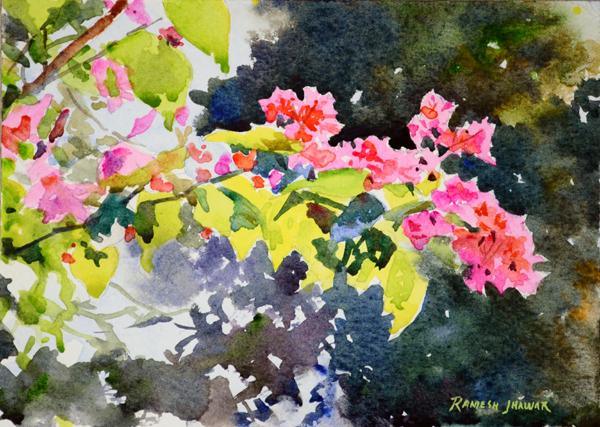 Nature watercolor painting titled 'Bougainvilleas', 7x5 inches, by artist Ramesh Jhawar on Paper