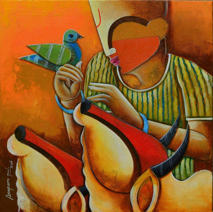 Animals acrylic painting titled 'Bovine frandship', 24x24 inches, by artist Anupam Pal on canvas