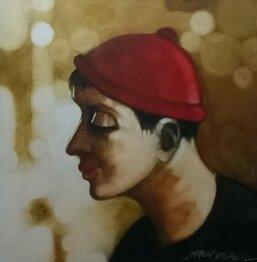 Figurative oil painting titled 'Boy in red cap', 24x24 inches, by artist SHANKAR KENDALE on Canvas