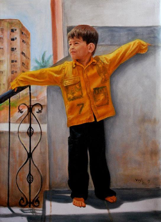 Figurative oil painting titled 'Boy Playing', 32x23 inches, by artist Vishalandra Dakur on Canvas