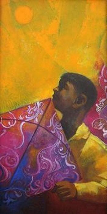 Figurative acrylic painting titled 'Boy with a Kite', 24x12 inches, by artist Sachin Akalekar on Canvas