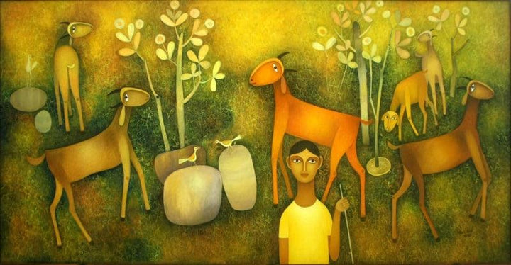 Figurative oil painting titled 'Boy With Goats', 36x72 inches, by artist Mohan Naik on Canvas