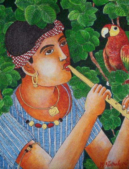 Figurative acrylic painting titled 'Boy With Parrot', 15x20 inches, by artist Bhawandla Narahari on Canvas