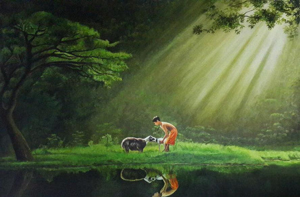 Figurative acrylic painting titled 'Boy With Sheep', 24x36 inches, by artist Prasad Karambat on Canvas Board