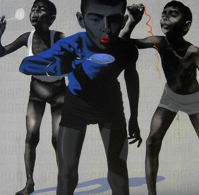 Figurative acrylic painting titled 'Boys', 60x60 inches, by artist Manohar Rathod on Canvas