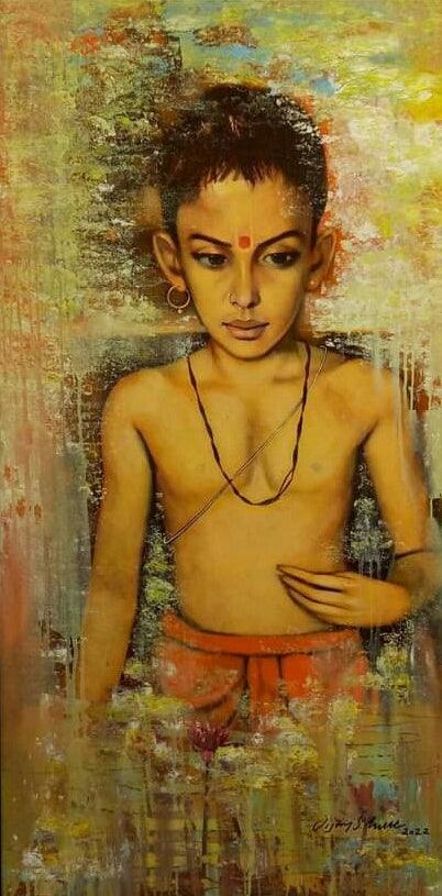 Religious acrylic painting titled 'Brahman Boy 2', 48x24 inches, by artist Vijay Gille on Canvas