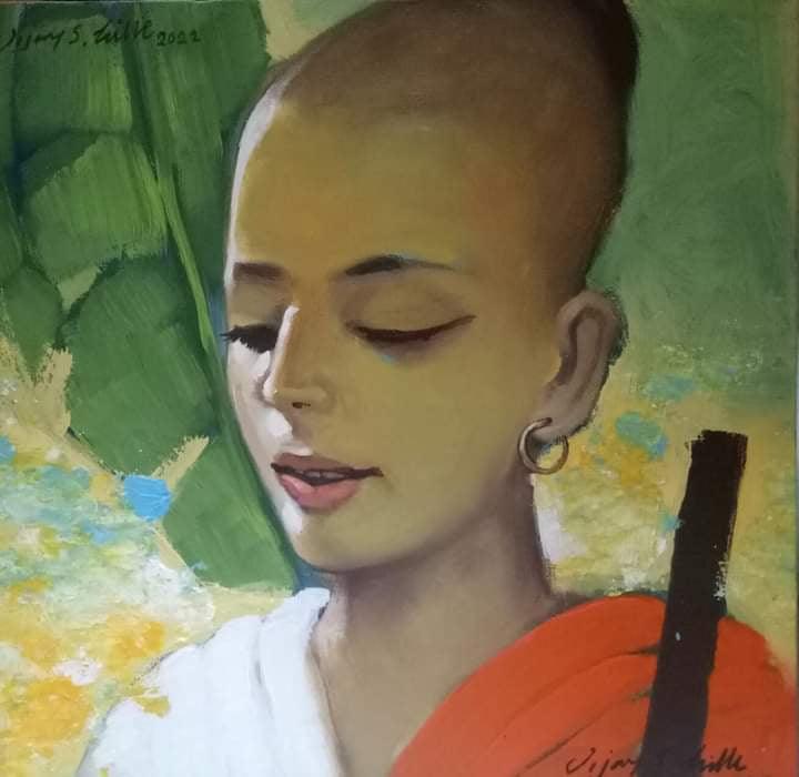 Religious acrylic painting titled 'Brahman Boy', 15x15 inches, by artist Vijay Gille on Canvas