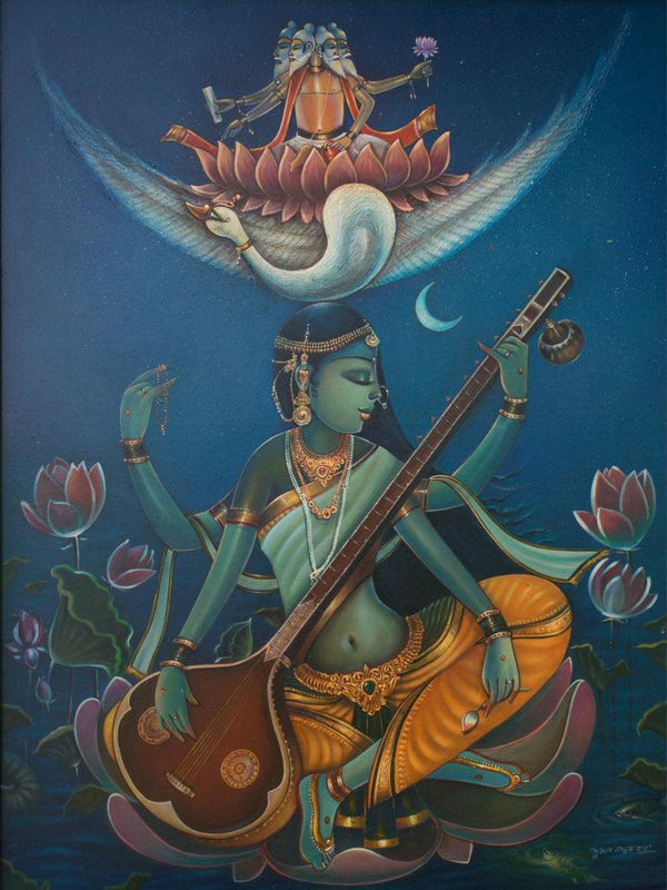 Religious acrylic painting titled 'Brahmani', 40x30 inches, by artist Sumon Naskar on Canvas