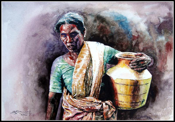 Pots/Vessels watercolor painting titled 'Brass Pitcher With Women', 22x15 inches, by artist SRV ARTIST on Handmade Paper