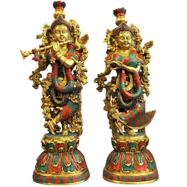 Religious craft titled 'Brass Radha Krishna Statue With Colored', 21x6 inches, by artist Brass Art on Brass