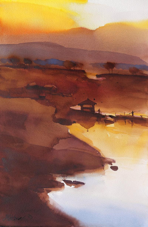 Landscape watercolor painting titled 'Breaking Dawn Hues', 22x15 inches, by artist Prashant Prabhu on Arches Paper