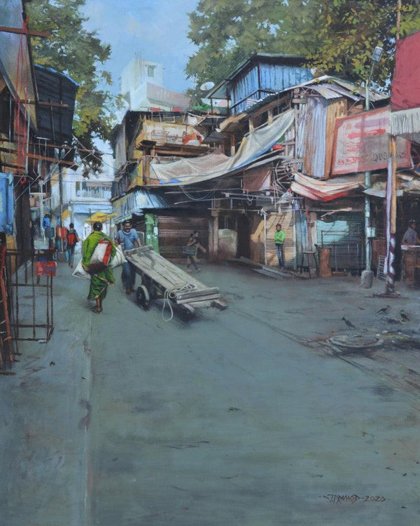 Cityscape acrylic painting titled 'Breathing Lights 4', 30x24 inches, by artist Pramod Jagtap on Canvas