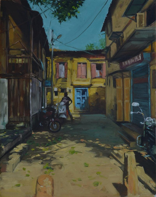 Cityscape oil painting titled 'Breathing Lights 8', 19x15 inches, by artist Pramod Jagtap on Canvas