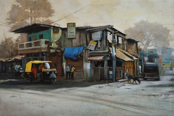 Cityscape acrylic painting titled 'Breathing Lights', 18x24 inches, by artist Pramod Jagtap on Canvas