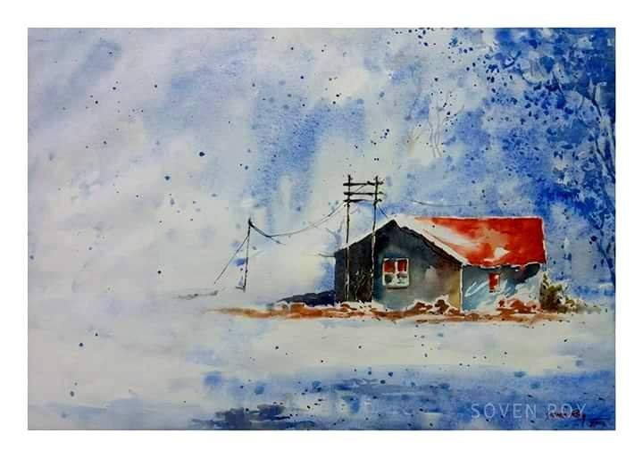 Landscape watercolor painting titled 'Brick Red house', 20x14 inches, by artist Soven Roy on Paper