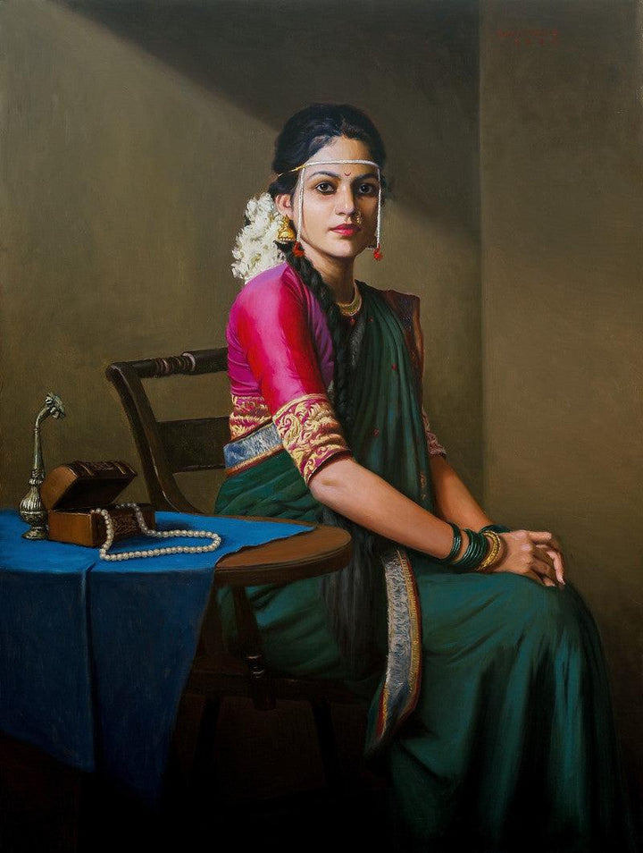 Figurative oil painting titled 'Bridal', 40x30 inches, by artist Mahesh Soundatte on Linen