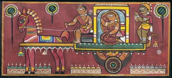 Figurative tempera painting titled 'Bride And Companion', 29x59 inches, by artist Jamini Roy on Silk