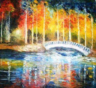 Impressionist oil painting titled 'Bridge Over My River', 20x30 inches, by artist Kiran Bableshwar on Canvas