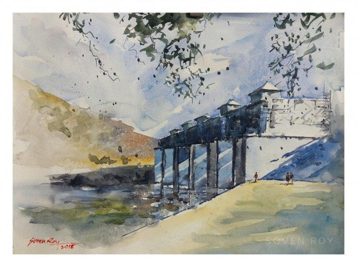 Landscape watercolor painting titled 'Bridge Under Construction', 16x12 inches, by artist Soven Roy on Paper