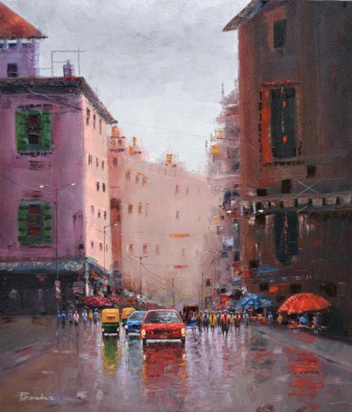 Cityscape oil painting titled 'Bright Morning', 36x42 inches, by artist Purnendu Mandal on Canvas