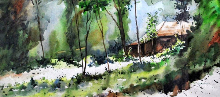 Landscape watercolor painting titled 'Bright Path', 18x28 inches, by artist Ramdas Thorat on Paper