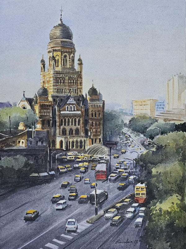 Cityscape acrylic painting titled 'Brihanmumbai Municipal Corporation', 24x18 inches, by artist Ranabir Saha on Canvas