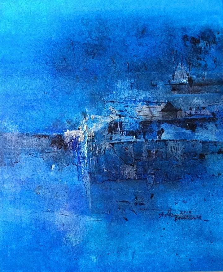 Abstract acrylic painting titled 'BRILLIENT Blue', 22x18 inches, by artist Dnyaneshwar Dhavale on Canvas