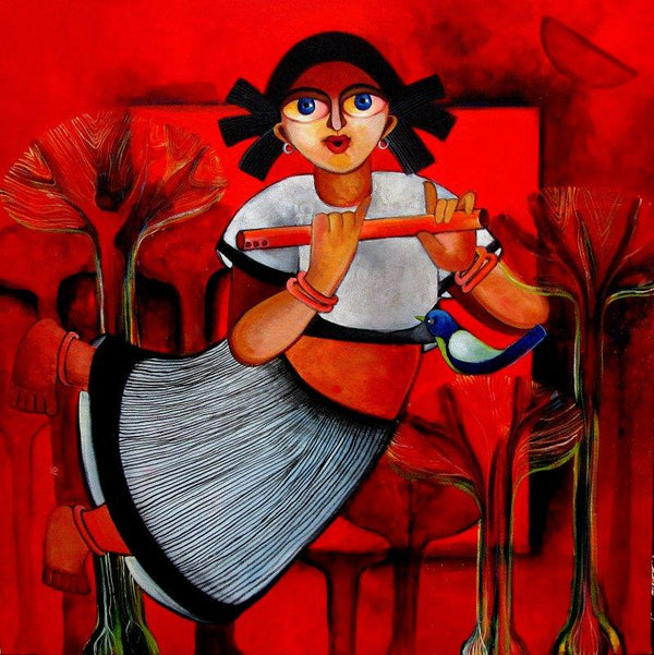 Figurative acrylic painting titled 'BRINDA', 30x30 inches, by artist Sharmi Dey on Canvas