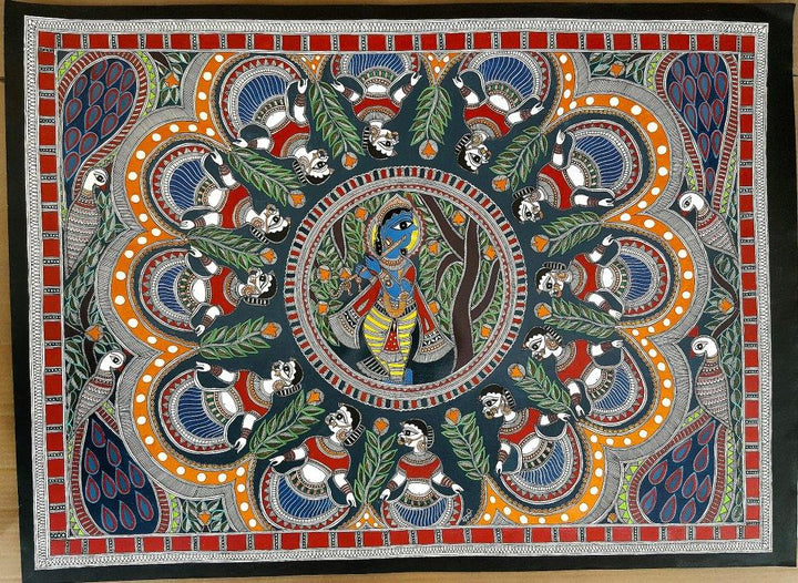 Folk Art madhubani traditional art titled 'Brindavan Raas Of Krishna', 22x30 inches, by artist Artisan on Handmade Paper