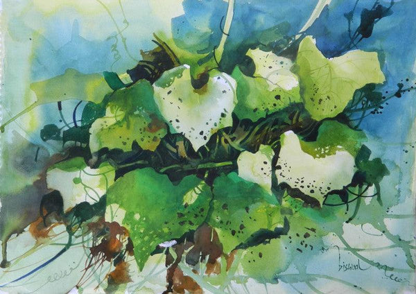 Nature watercolor painting titled 'Broad Leaves', 11x16 inches, by artist Bijay Biswaal on Paper