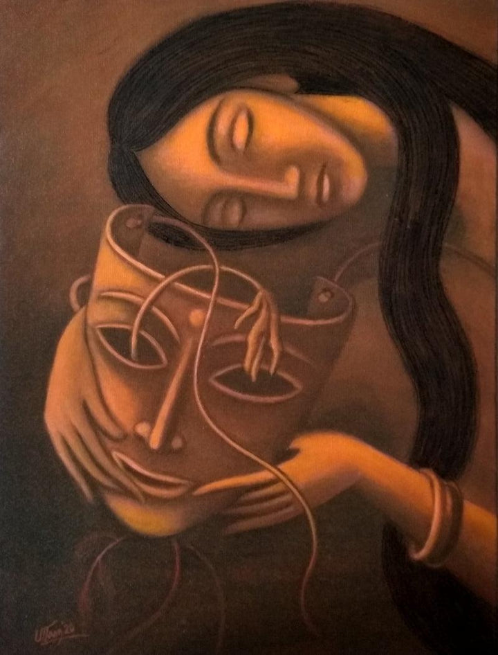 Figurative mixed media painting titled 'Broken Dream', 24x18 inches, by artist Uttam Bhattacharya on Canvas